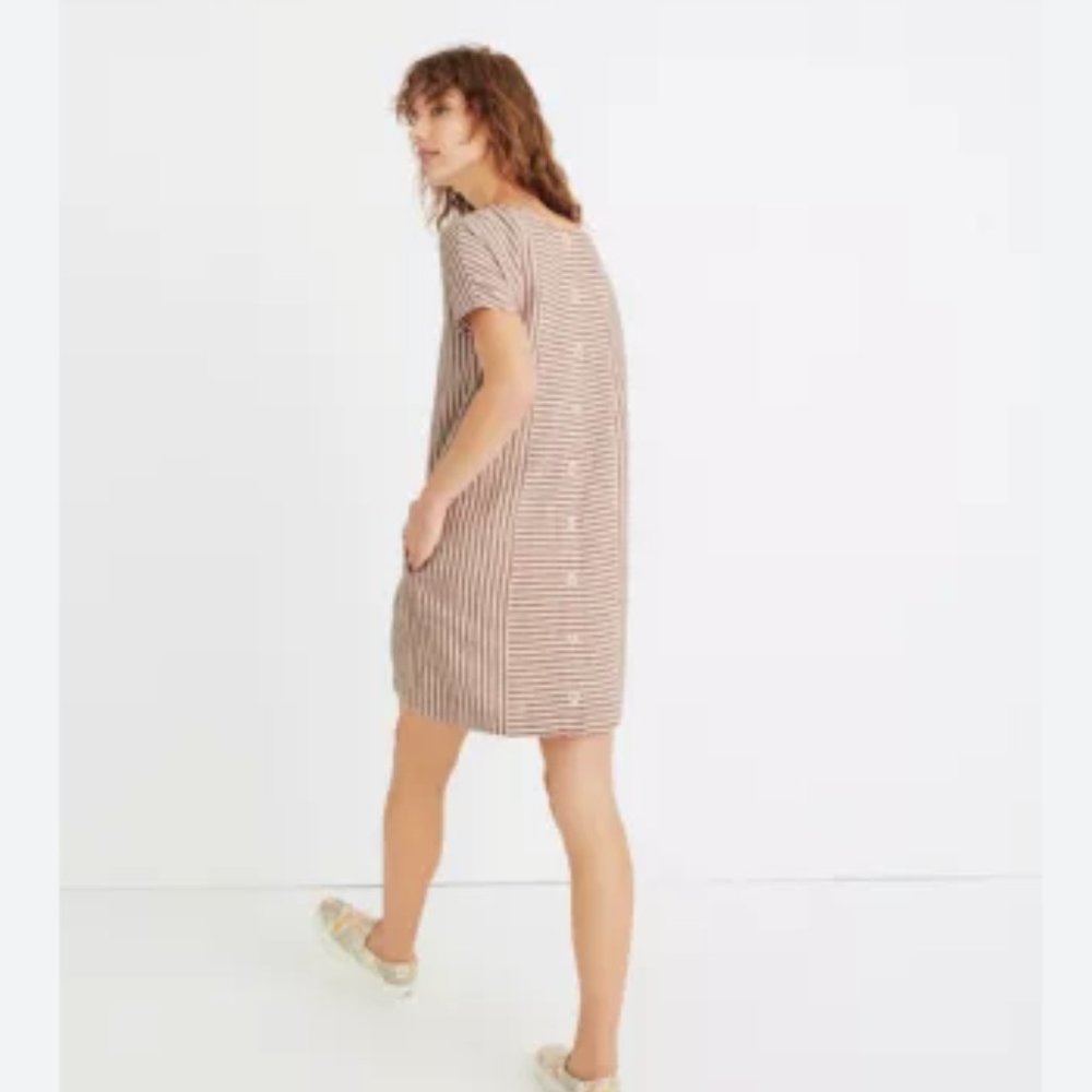 Madewell G5305 Rust White Stripe Play Button Back Linen Blend Dress Size Small - Picture 2 of 15